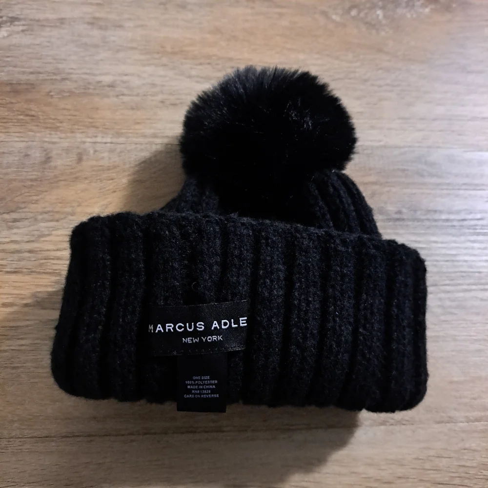 Marcus Adler Black Knit Beanie with Pom Pom & Multicolored Beads